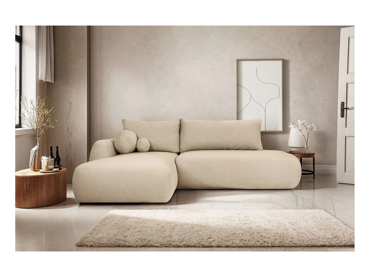 Canapé d'angle convertible FABIO 5 places en tissu bouclette - angle gauche - blanc cassé