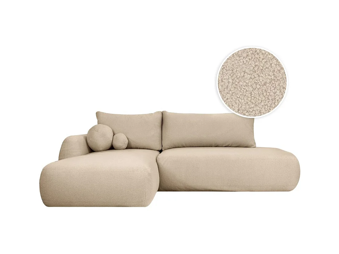 Canapé d'angle convertible FABIO 5 places en tissu bouclette - angle gauche - blanc cassé