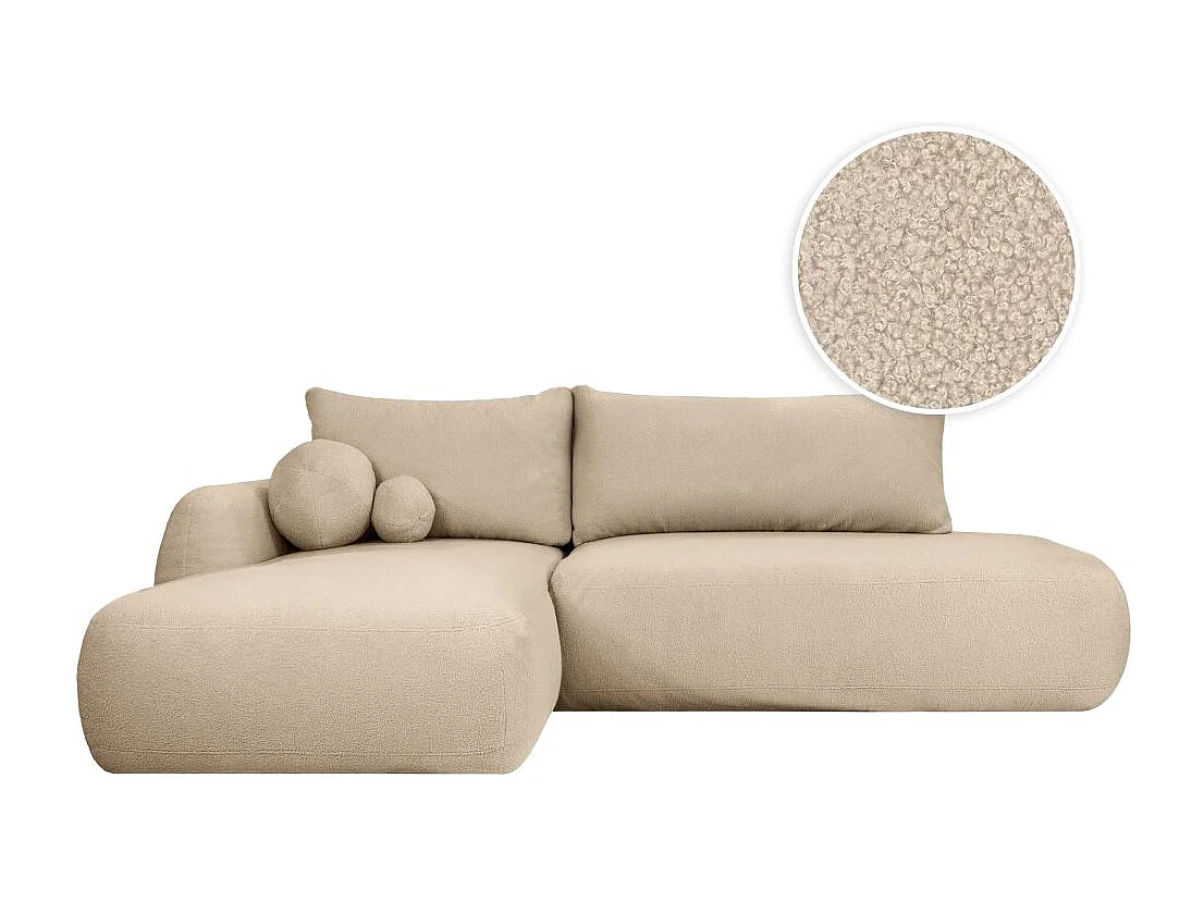Canapé d'angle convertible FABIO 5 places en tissu bouclette - angle gauche - beige