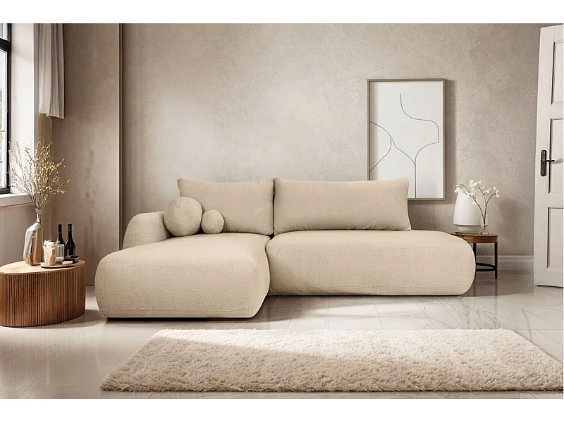 Canapé d'angle convertible FABIO 5 places en tissu bouclette - angle gauche - beige