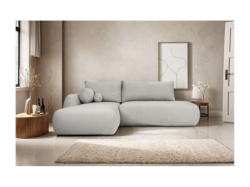 Canapé d'angle convertible FABIO 5 places en tissu bouclette - angle gauche - gris clair