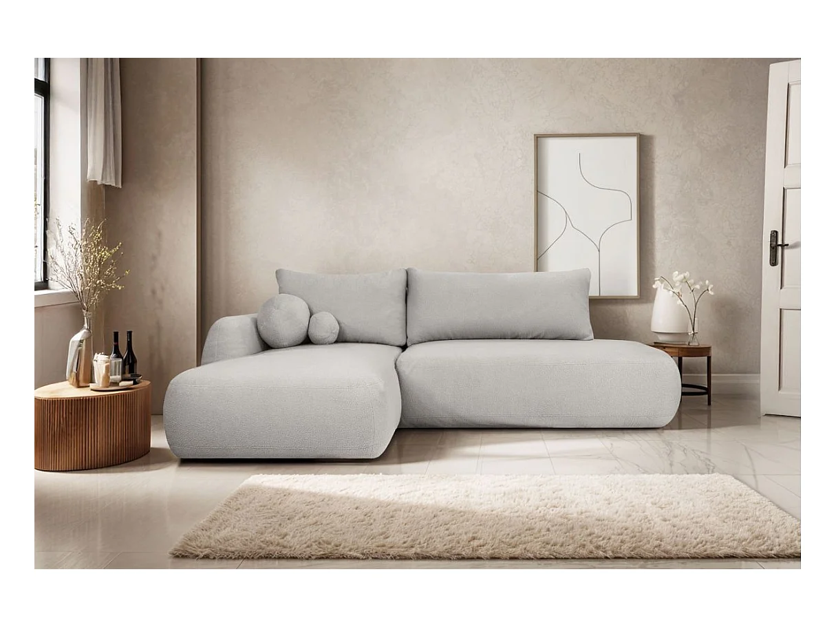 Canapé d'angle convertible FABIO 5 places en tissu bouclette - angle gauche - beige