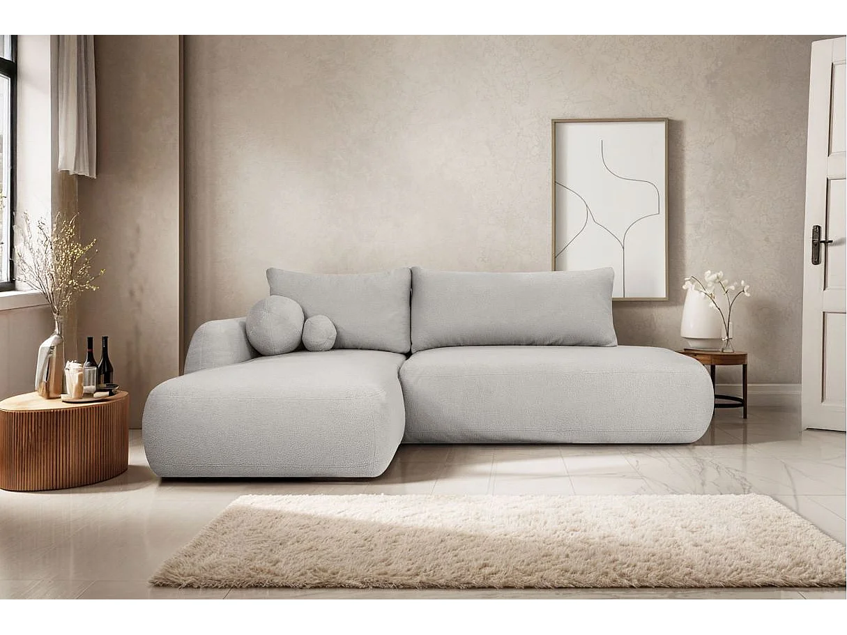 Canapé d'angle convertible FABIO 5 places en tissu bouclette - angle gauche - gris clair