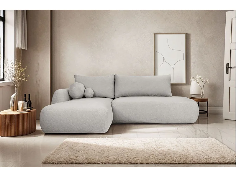 Canapé d'angle convertible FABIO 5 places en tissu bouclette - angle gauche - gris clair