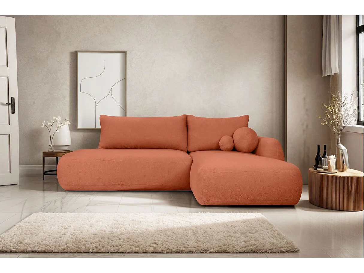 Canapé d'angle convertible FABIO 5 places en tissu bouclette - angle droit - terracotta