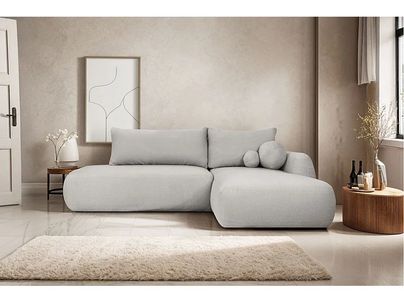 Canapé d'angle convertible FABIO 5 places en tissu bouclette - angle droit - gris clair