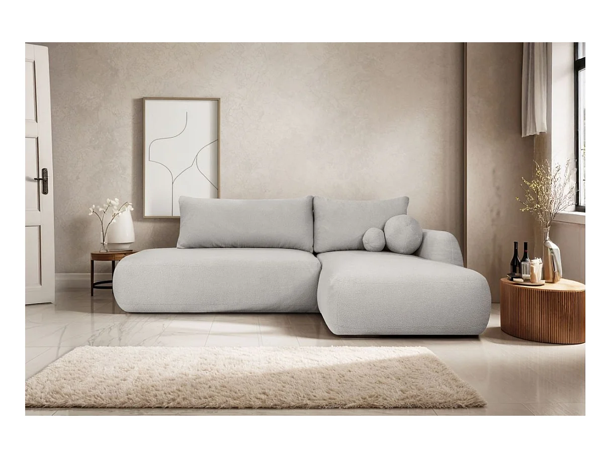 Canapé d'angle convertible FABIO 5 places en tissu bouclette - angle droit - beige