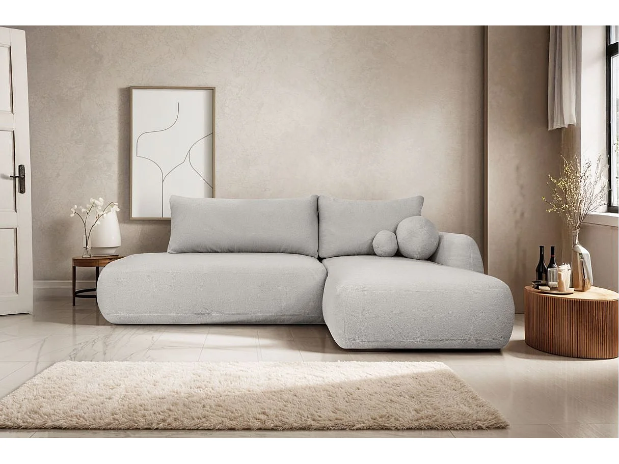 Canapé d'angle convertible FABIO 5 places en tissu bouclette - angle droit - gris clair