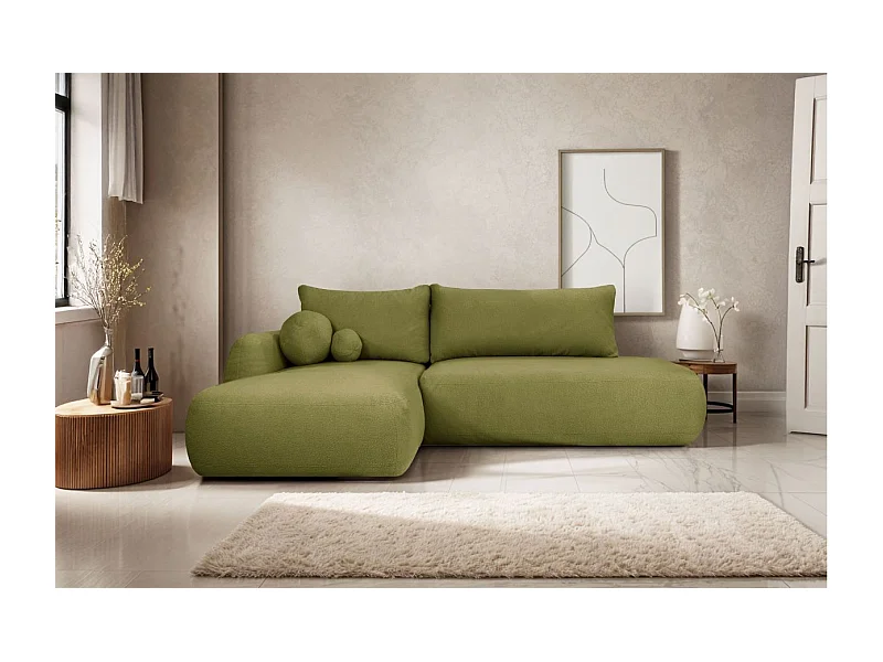 Canapé d'angle convertible FABIO 5 places en tissu bouclette - angle gauche - vert kaki