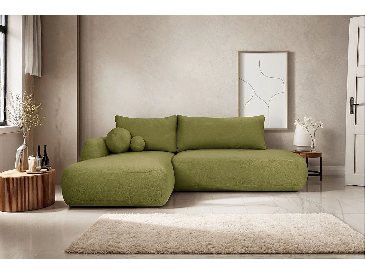 Canapé d'angle convertible FABIO 5 places en tissu bouclette - angle gauche - vert kaki