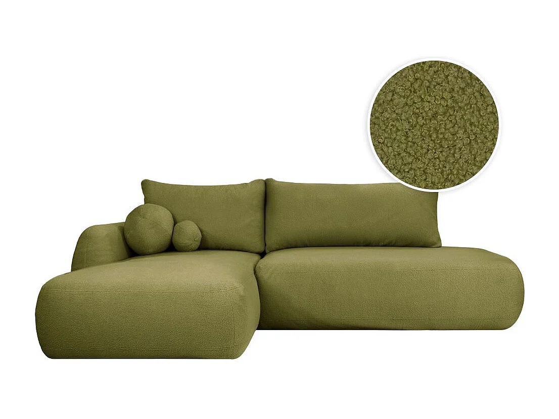 Canapé d'angle convertible FABIO 5 places en tissu bouclette - angle gauche - vert kaki