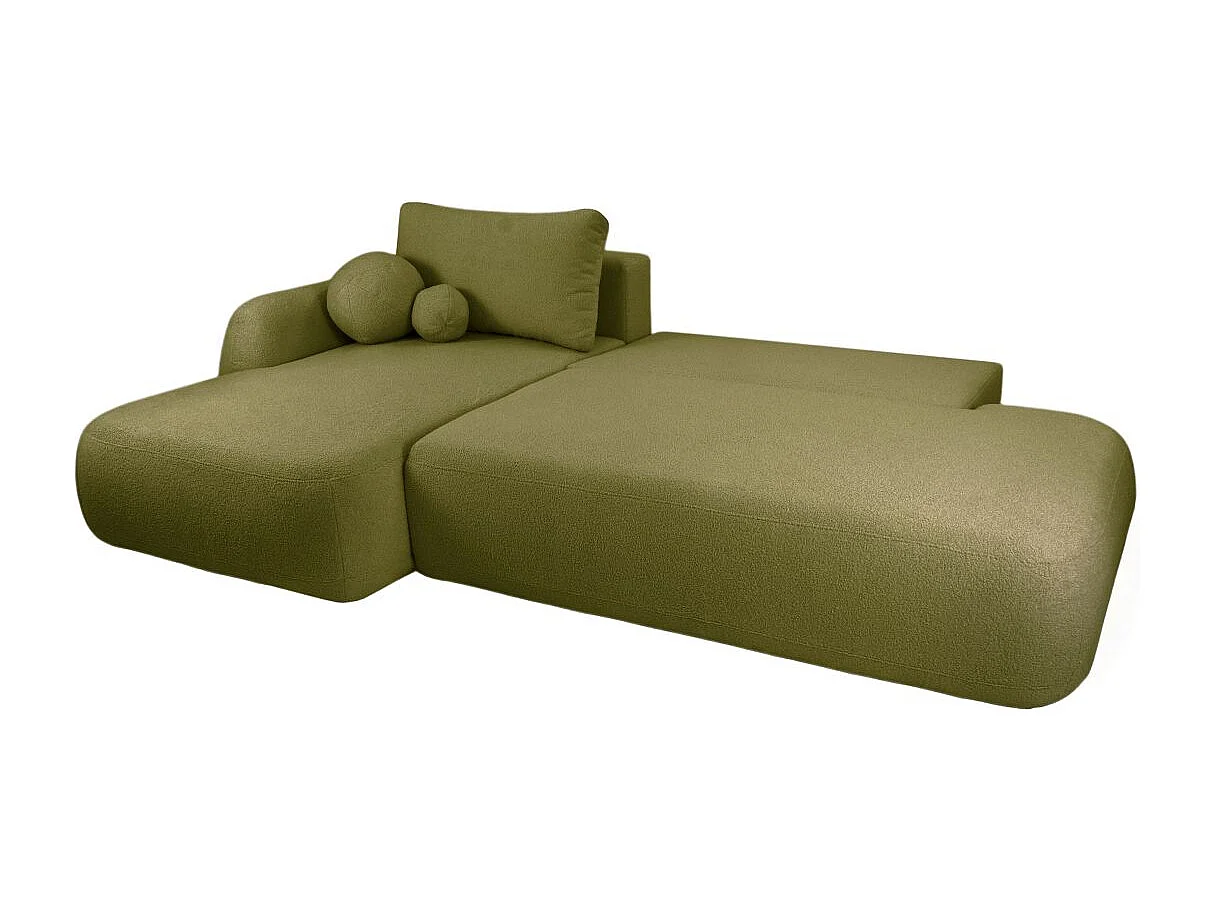 Canapé d'angle convertible FABIO 5 places en tissu bouclette - angle gauche - vert kaki
