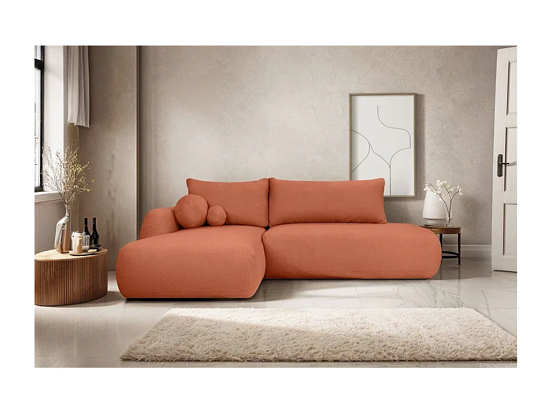 Canapé d'angle convertible FABIO 5 places en tissu bouclette - angle gauche - vert kaki