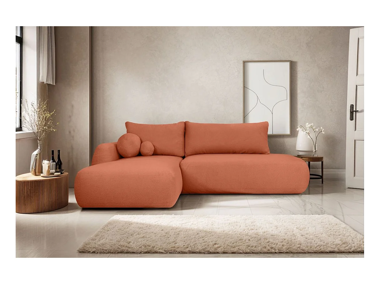 Canapé d'angle convertible FABIO 5 places en tissu bouclette - angle gauche - vert kaki