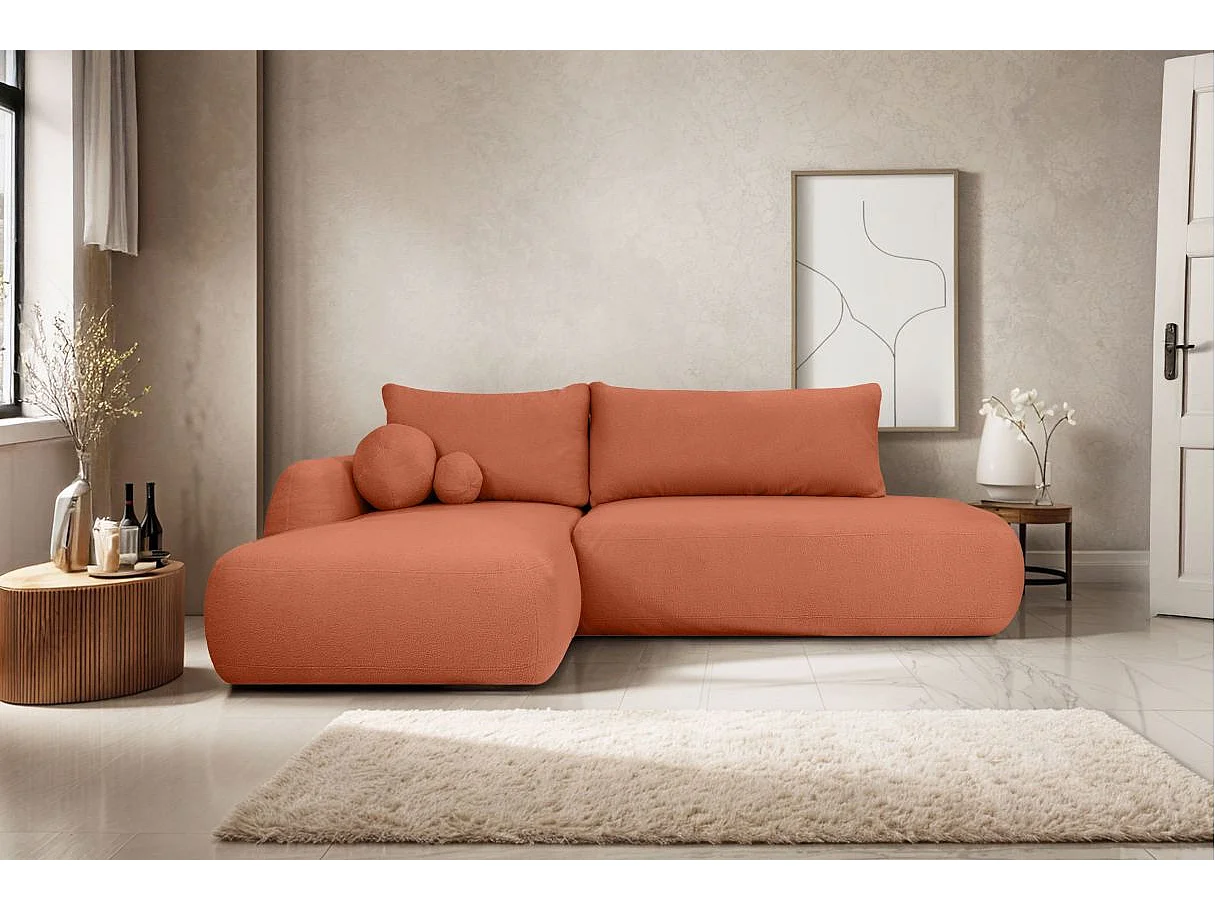 Canapé d'angle convertible FABIO 5 places en tissu bouclette - angle gauche - terracotta