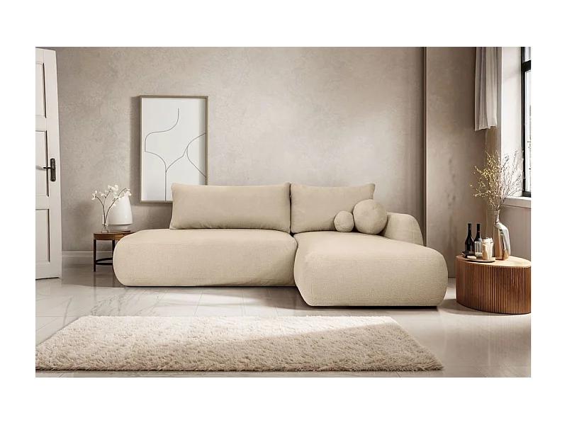 Canapé d'angle convertible FABIO 5 places en tissu bouclette - angle droit - blanc cassé