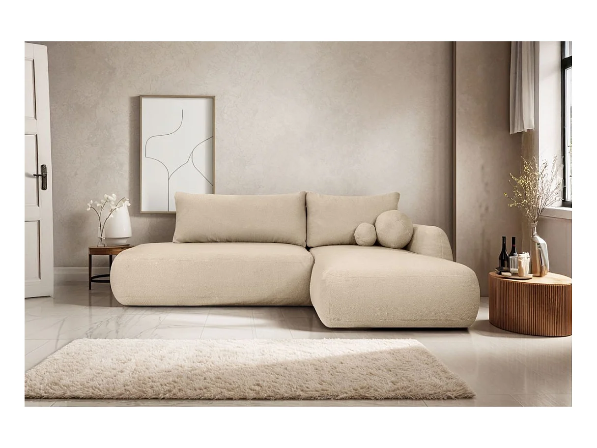 Canapé d'angle convertible FABIO 5 places en tissu bouclette - angle droit - blanc cassé