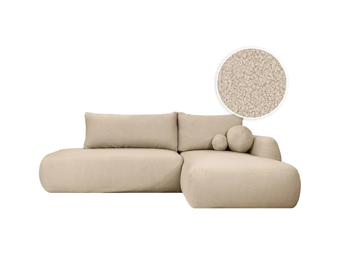 Canapé d'angle convertible FABIO 5 places en tissu bouclette - angle droit - blanc cassé