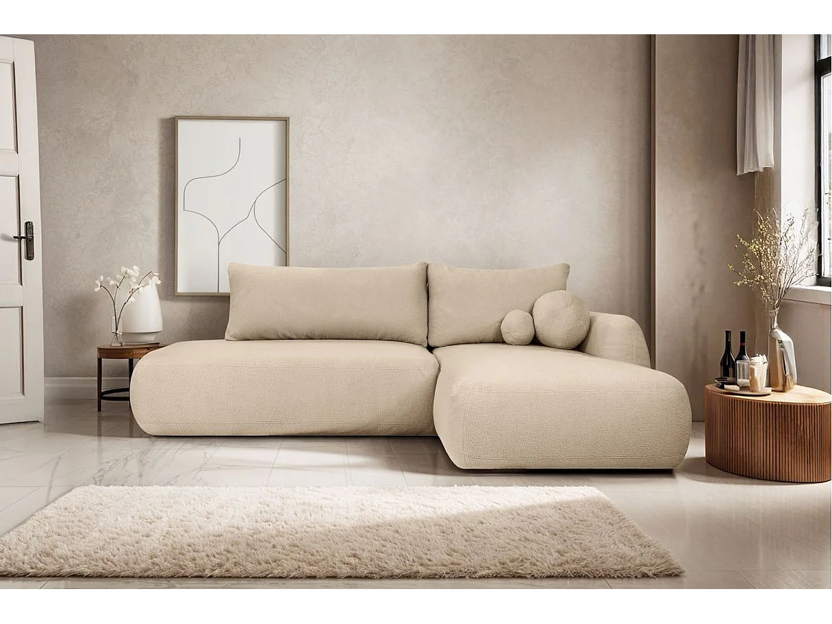 Canapé d'angle convertible FABIO 5 places en tissu bouclette - angle droit - beige