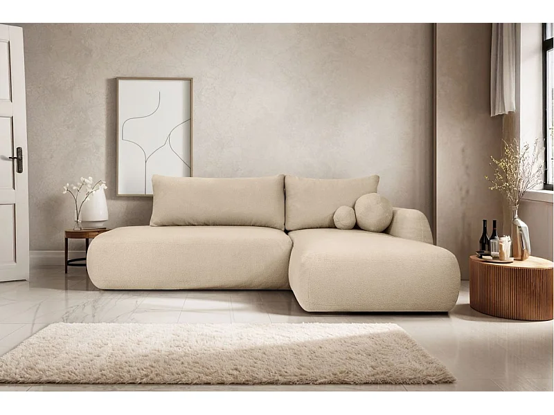 Canapé d'angle convertible FABIO 5 places en tissu bouclette - angle droit - beige