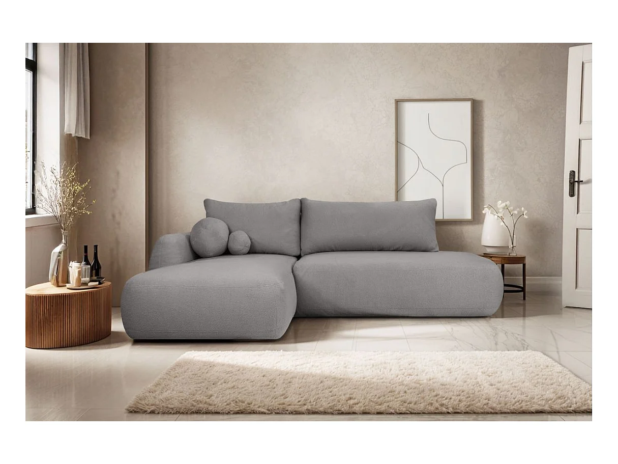 Canapé d'angle convertible FABIO 5 places en tissu bouclette - angle gauche - gris clair