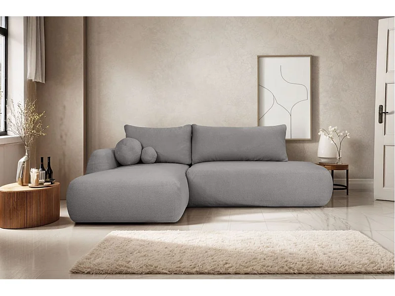 Canapé d'angle convertible FABIO 5 places en tissu bouclette - angle gauche - Gris anthracite