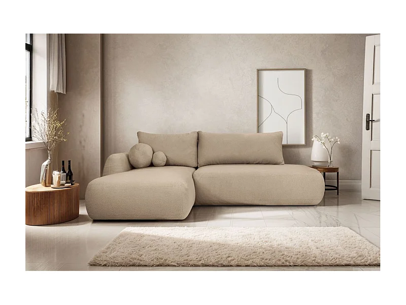 Canapé d'angle convertible FABIO 5 places en tissu bouclette - angle gauche - taupe