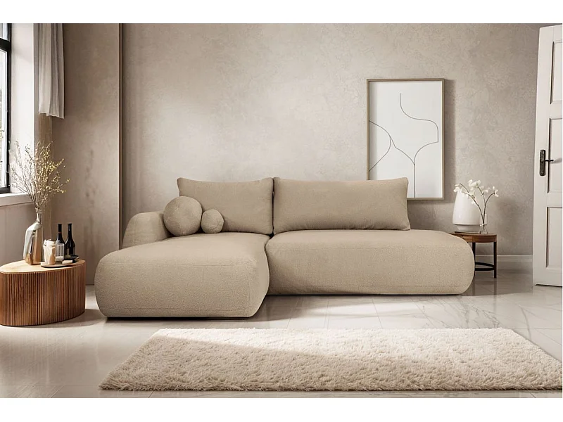 Canapé d'angle convertible FABIO 5 places en tissu bouclette - angle gauche - taupe