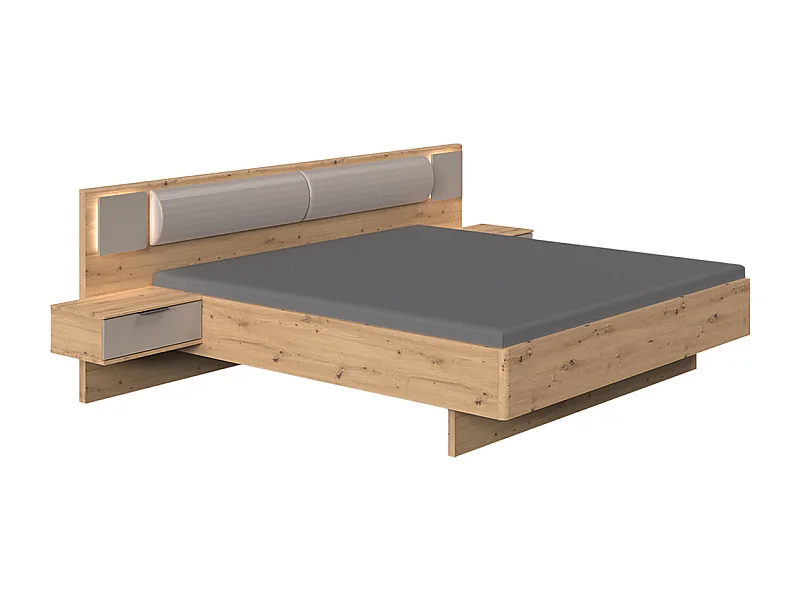 Lit adulte double 160x200 cm Queen Size + LED + 2 chevets coloris imitation chêne Artisan, Façade verre gris - Longueur 269 x Profondeur 210 x Hauteur 92 cm