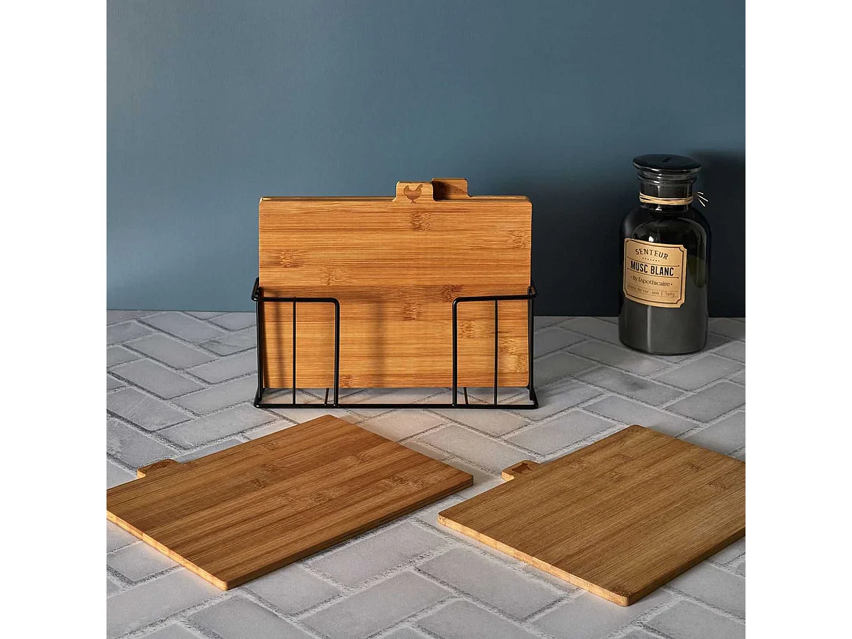 Lot de 4 Planches à Découper avec Socle Métal Noir - DESCO