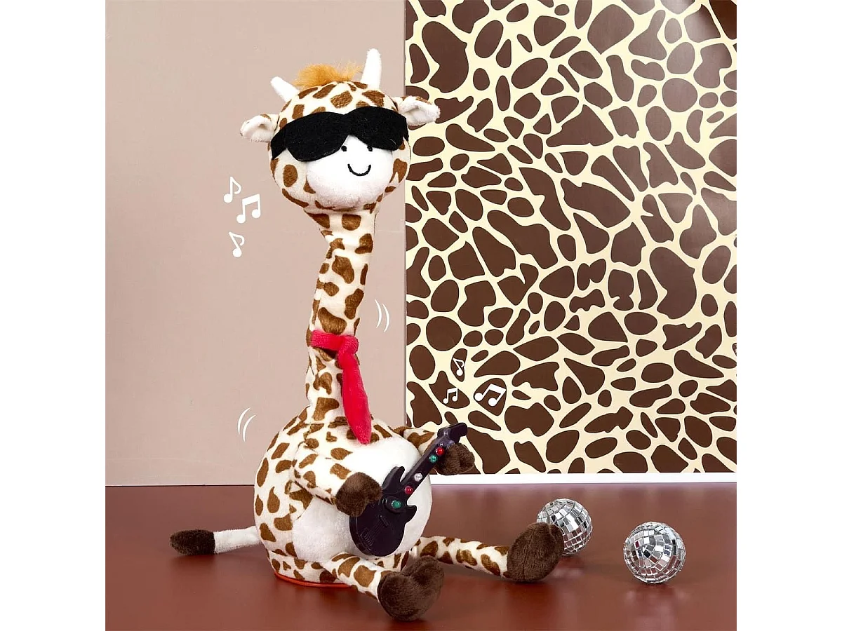 Girafe musicale et dansante en tissu polyester jaune et marron