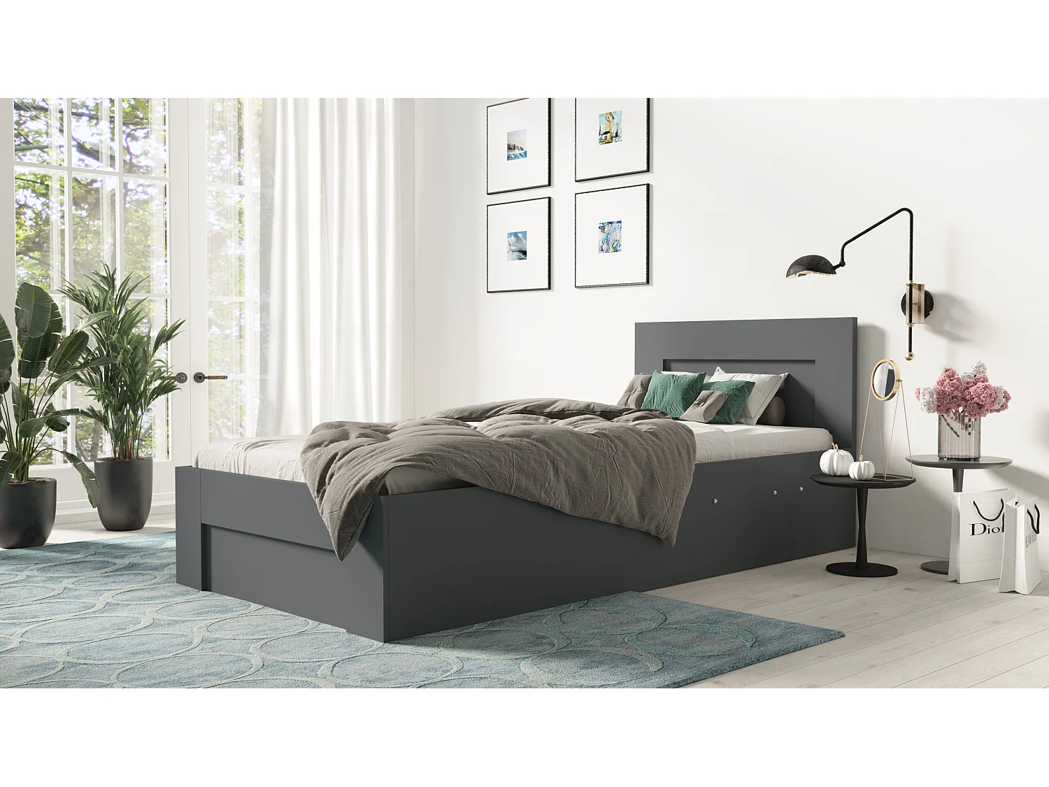 Bed 100 cm x 200 cm met zijopening | ANTRACIET | Opbergruimte + Lattenbodem