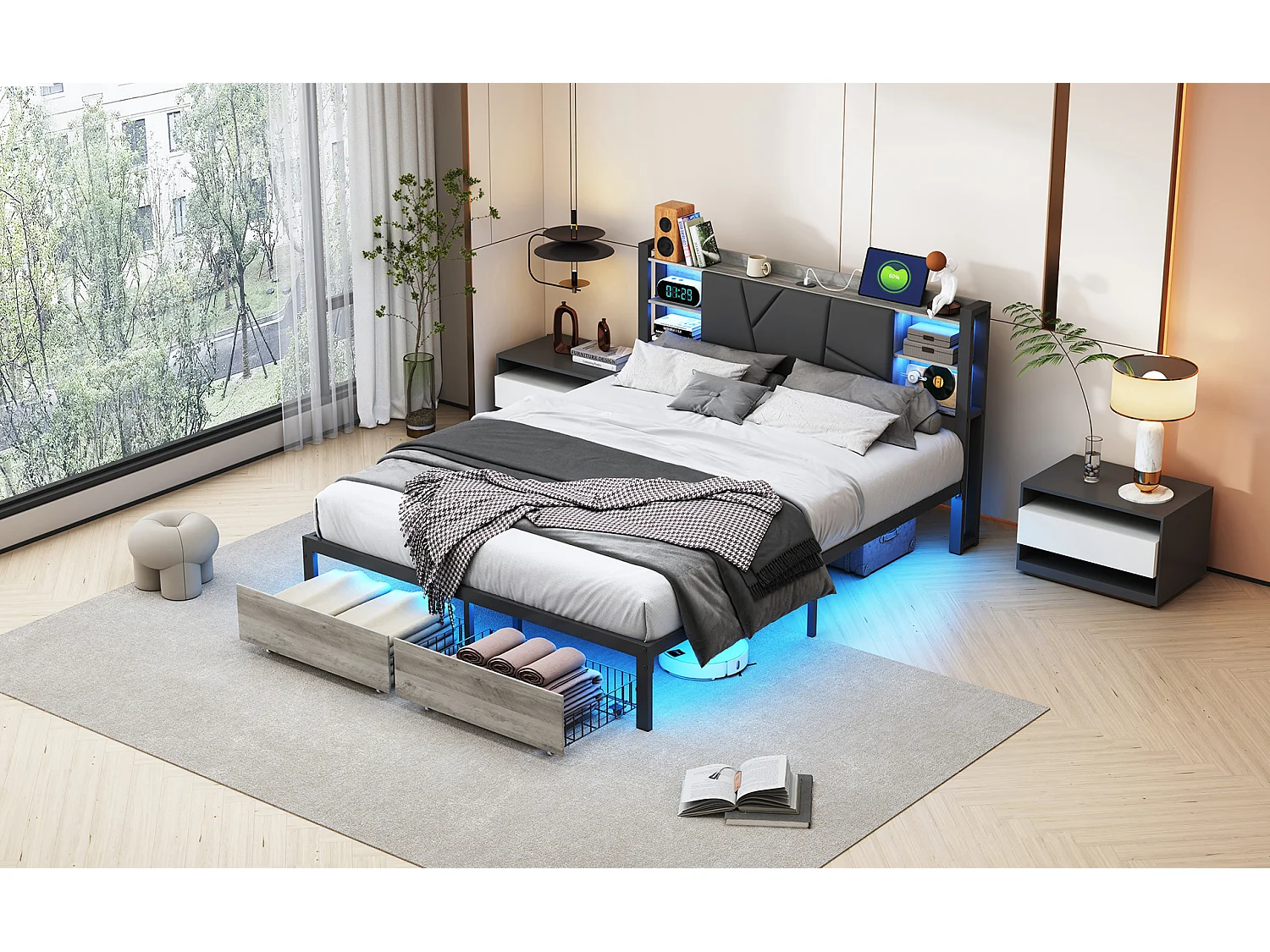 Lit adulte en bois et métal - 140 x 200 cm - Avec tiroirs + tête de lit multifonction Avec étagère, éclairage LED et ports USB - Similicuir - Noir