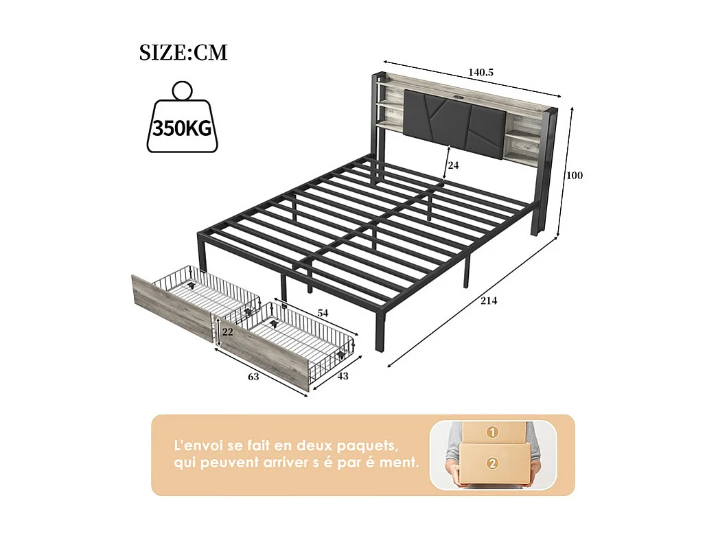 Lit adulte en bois et métal - 140 x 200 cm - Avec tiroirs + tête de lit multifonction Avec étagère, éclairage LED et ports USB - Similicuir - Noir