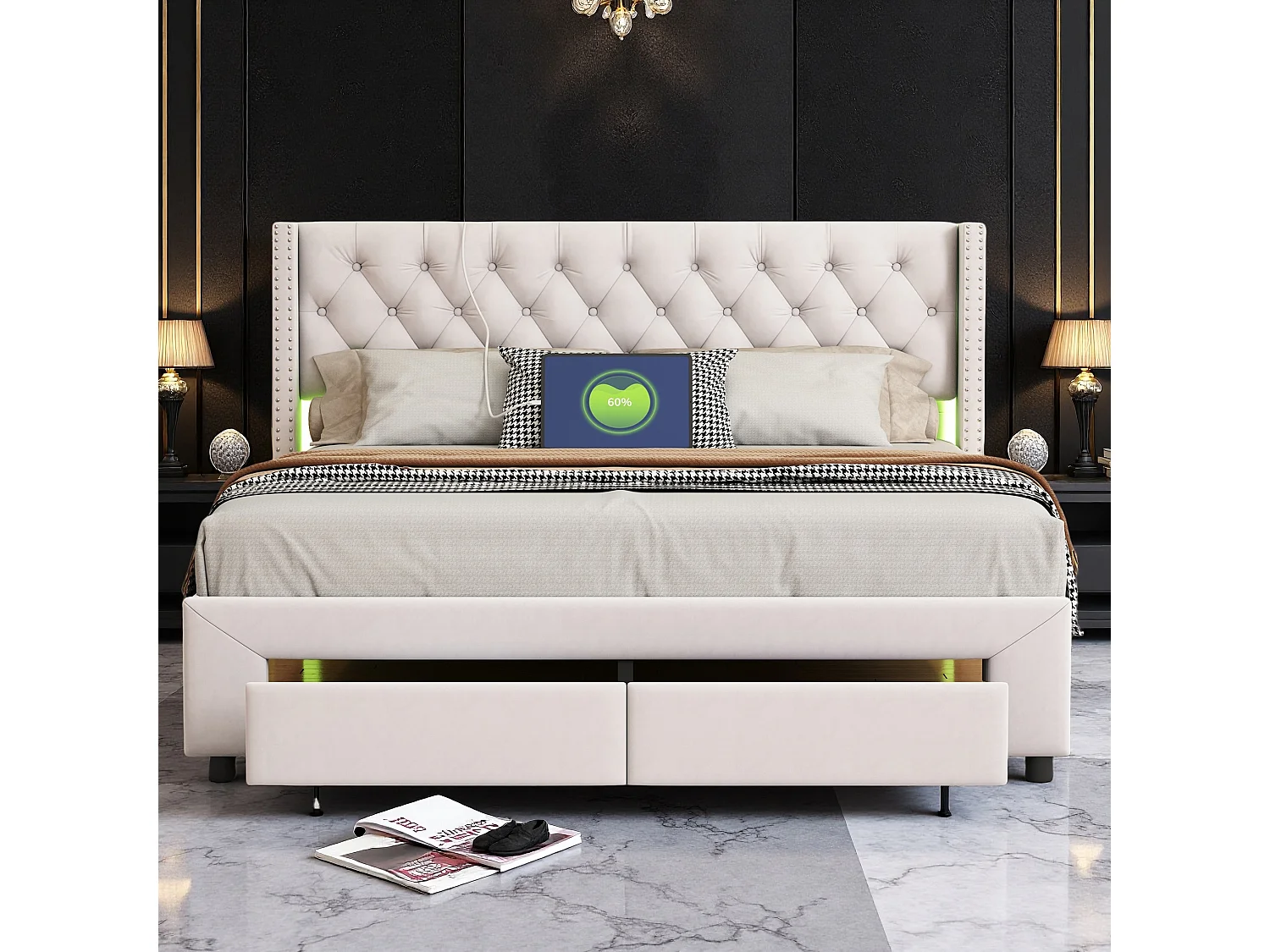 Lit Adulte Double avec Rangement, Tiroirs et LED, 140x190 cm, Velours Crème, Tête de Lit Tuftée Rivetée