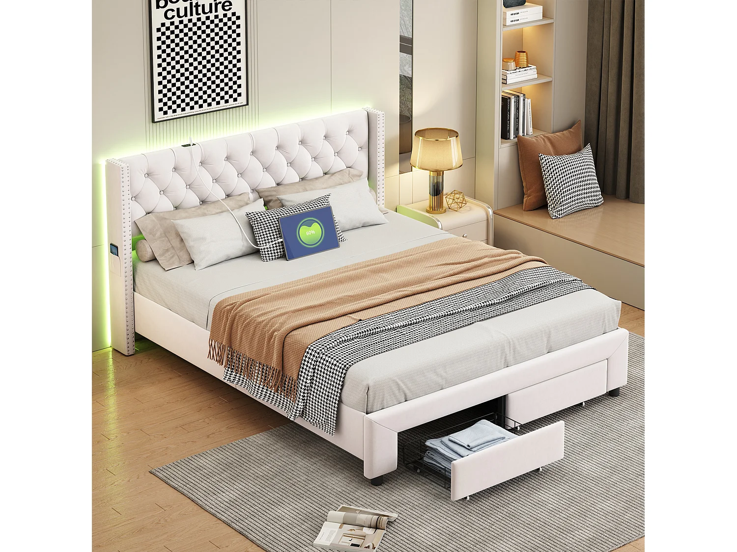 Pikowane łóżko 140x190 cm z beżowego aksamitu z miejscem do przechowywania, wbudowanymi LED i portami USB - metalowa rama i drewniane listwy