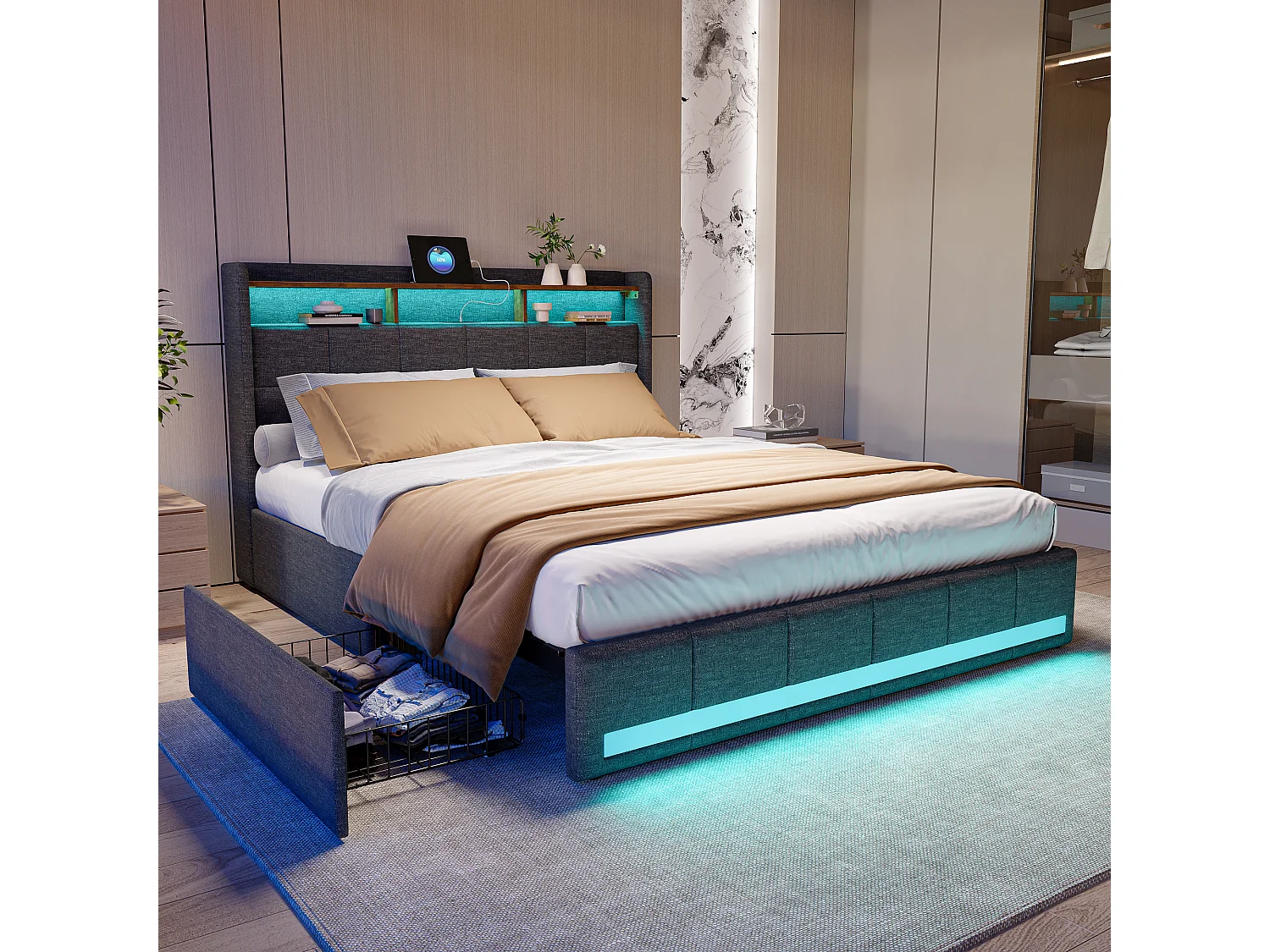 Lit 160x200 avec rangement tiroirs, éclairage LED intégré et ports USB - tissu en lin - Gris