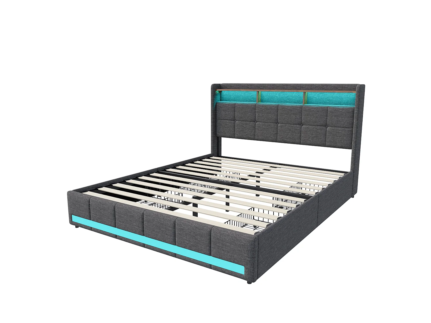 Tweepersoonsbed 140x200 cm grijs met opbergladen, RGB LED-verlichting met 6000 kleuren en geïntegreerde USB-poorten, ademende linnen stof