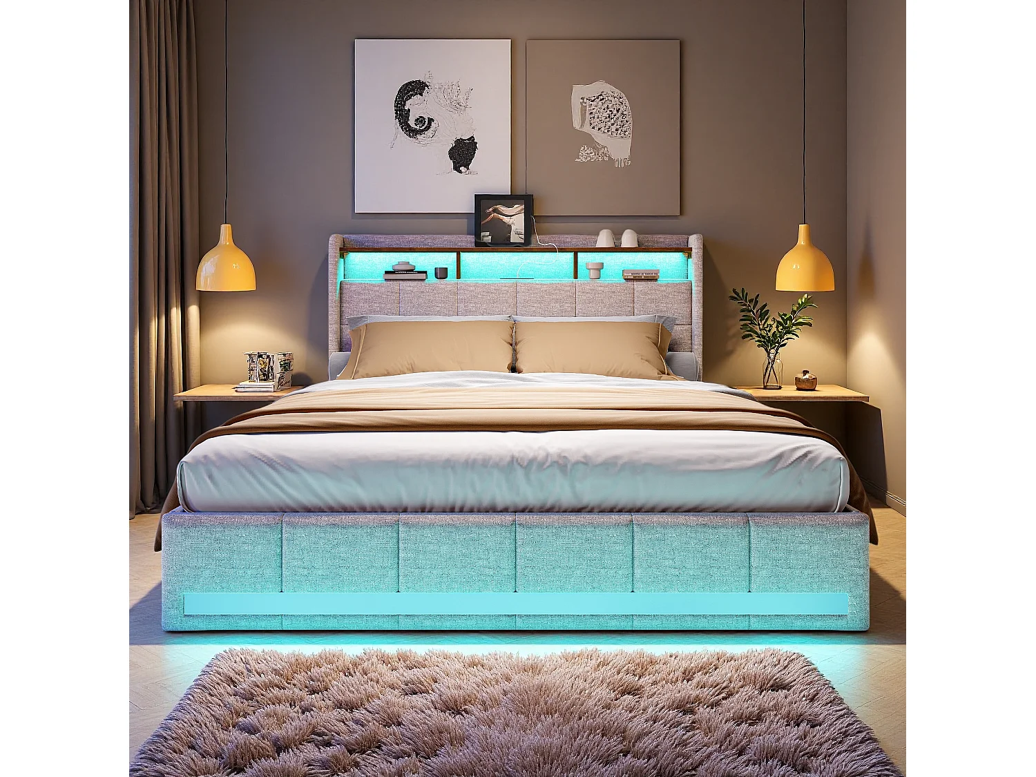 Lit Double 180x200, Lit Adulte avec Grands Tiroirs de Rangement-Tête de Lit Velours Teddy Doux et Ports USB- Grand Confort avec Sommier-Design Moderne Beige