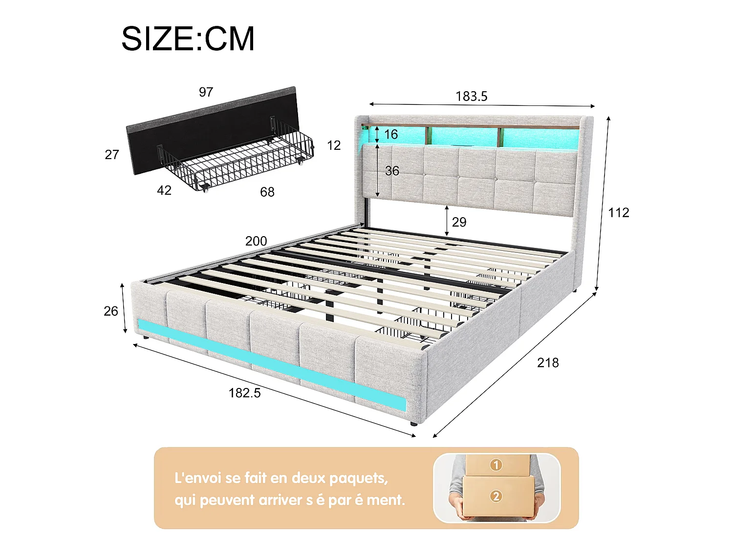 Lit Double 180x200, Lit Adulte avec Grands Tiroirs de Rangement-Tête de Lit Velours Teddy Doux et Ports USB- Grand Confort avec Sommier-Design Moderne Beige