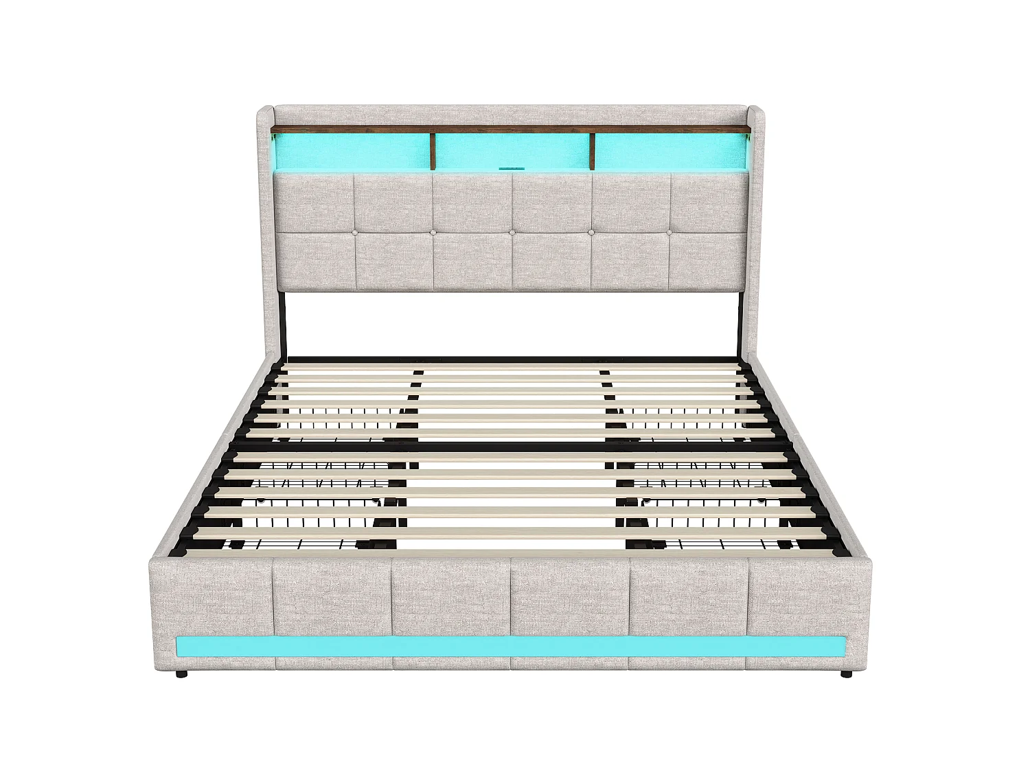 Lit Double 180x200, Lit Adulte avec Grands Tiroirs de Rangement-Tête de Lit Velours Teddy Doux et Ports USB- Grand Confort avec Sommier-Design Moderne Beige