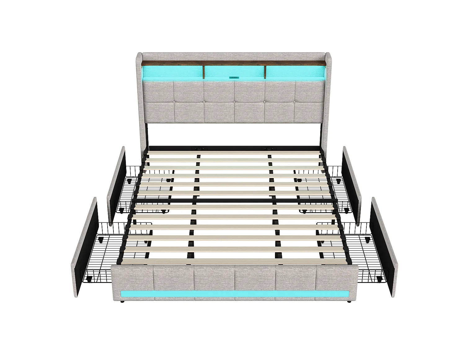 Lit Double 180x200, Lit Adulte avec Grands Tiroirs de Rangement-Tête de Lit Velours Teddy Doux et Ports USB- Grand Confort avec Sommier-Design Moderne Beige