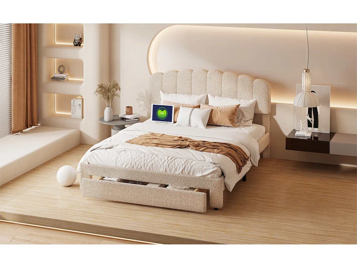 Łóżko dla Dorosłych 140x200cm Beżowy Welur z Szufladami do Przechowywania, Portami USB i Metalowym Stelażem z Listwami