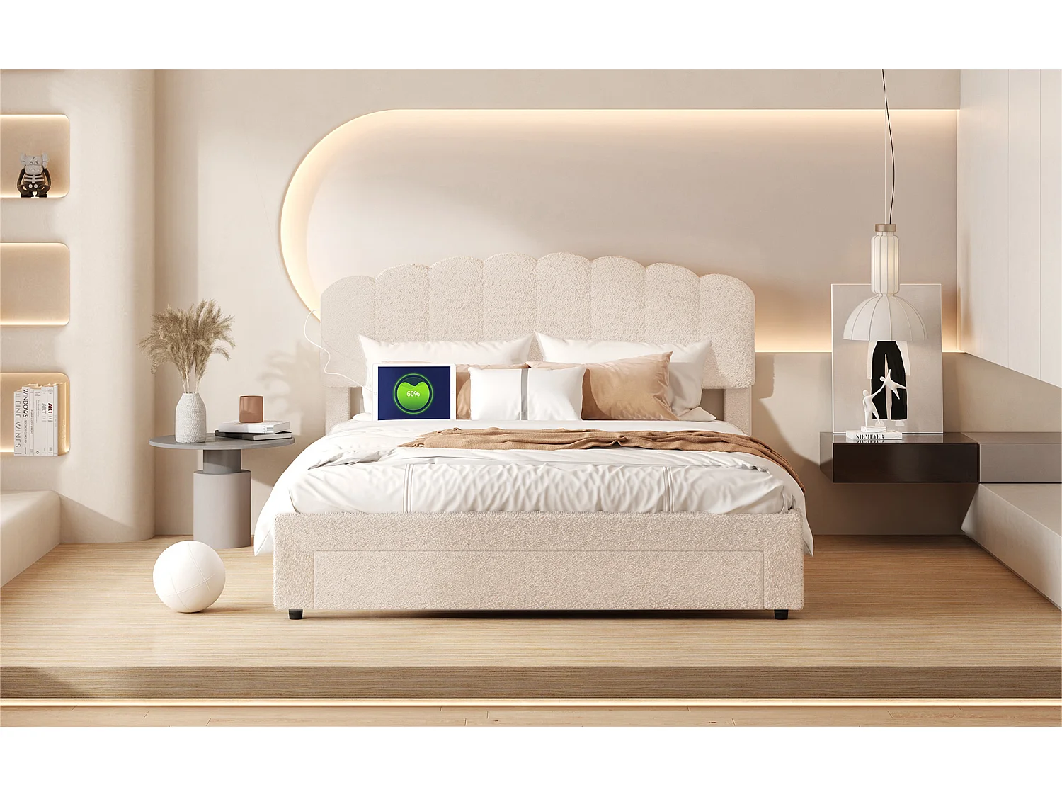 Łóżko dla Dorosłych 140x200cm Beżowy Welur z Szufladami do Przechowywania, Portami USB i Metalowym Stelażem z Listwami