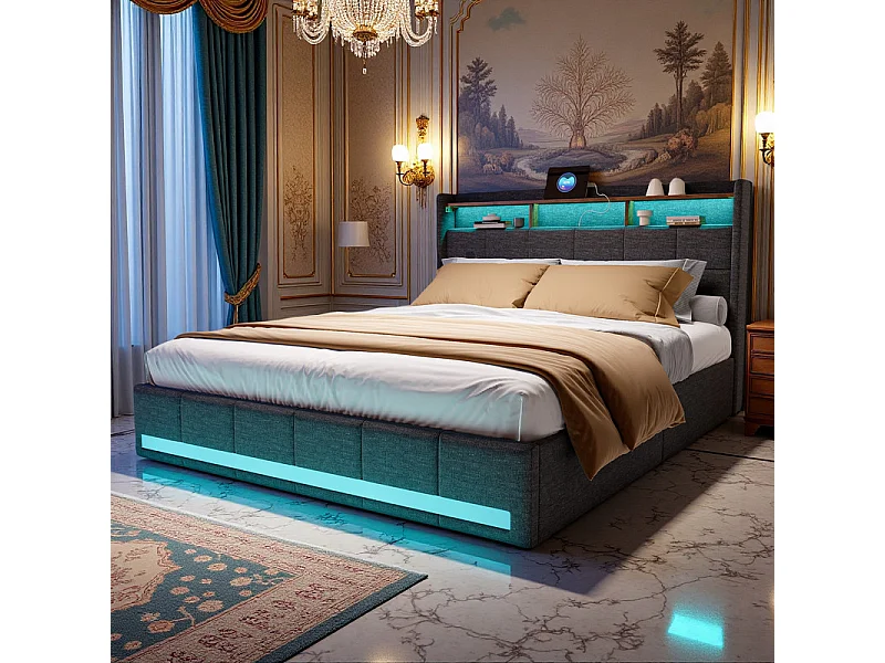 Lit double, lit adulte, lit avec tiroirs et rangement-180x200cm-LED RGB, prises USB-Rangement maximal, éclairage intelligent-Tissu lin respirant-Design moderne gris