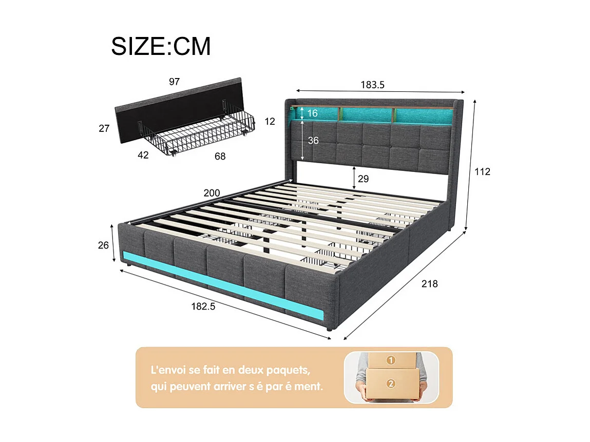 Lit double, lit adulte, lit avec tiroirs et rangement-180x200cm-LED RGB, prises USB-Rangement maximal, éclairage intelligent-Tissu lin respirant-Design moderne gris