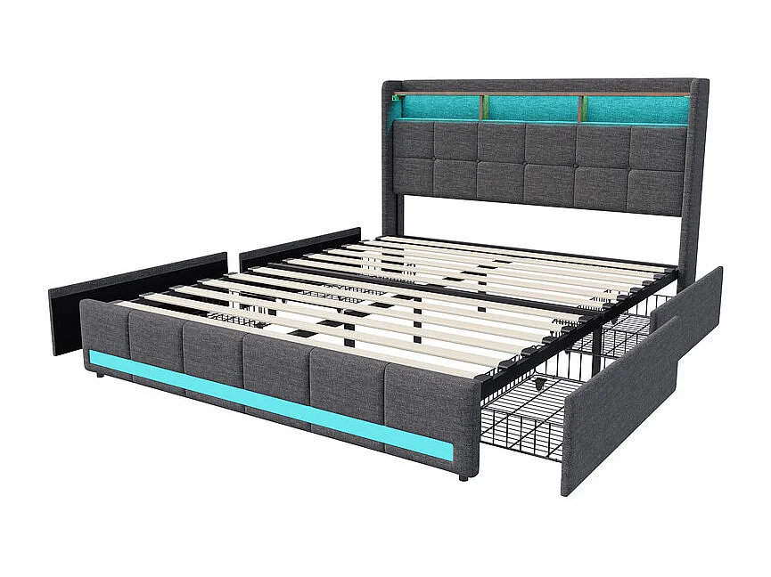 Lit double, lit adulte, lit avec tiroirs et rangement-180x200cm-LED RGB, prises USB-Rangement maximal, éclairage intelligent-Tissu lin respirant-Design moderne gris