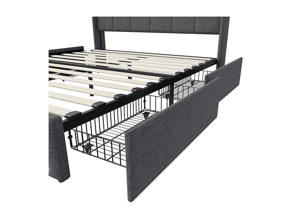 Lit double, lit adulte, lit avec tiroirs et rangement-180x200cm-LED RGB, prises USB-Rangement maximal, éclairage intelligent-Tissu lin respirant-Design moderne gris