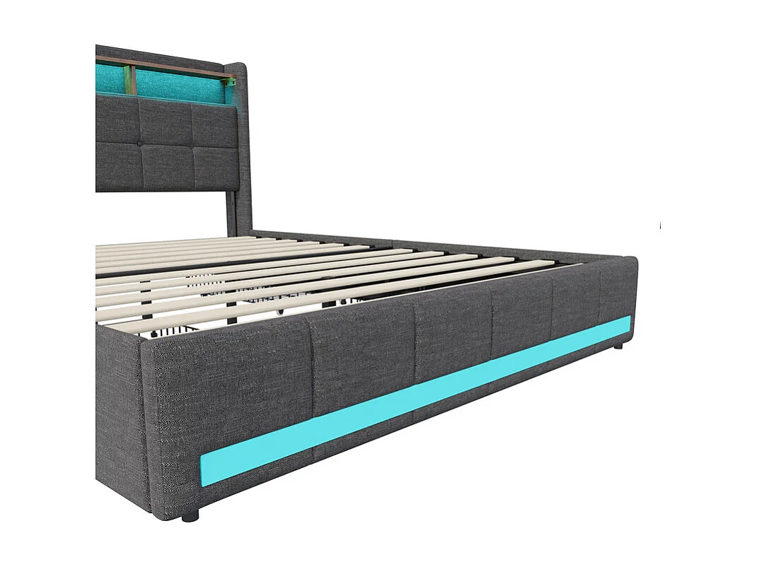Lit double, lit adulte, lit avec tiroirs et rangement-180x200cm-LED RGB, prises USB-Rangement maximal, éclairage intelligent-Tissu lin respirant-Design moderne gris