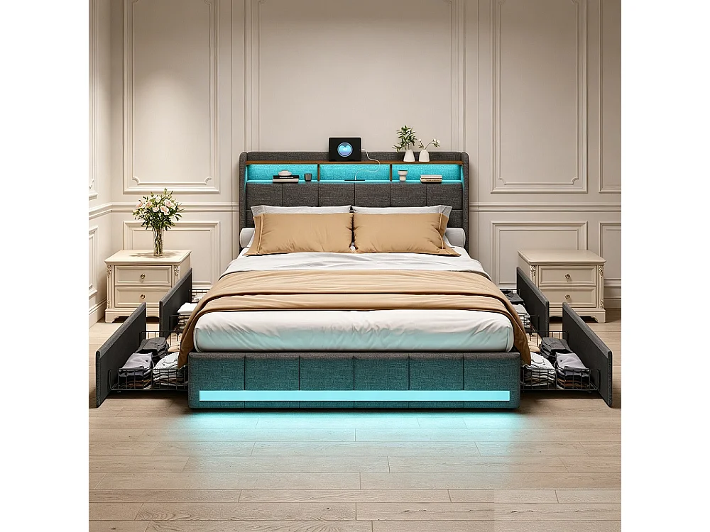 Cama Doble Moderna Gris de Lino con Almacenamiento-180x200cm-LED RGB, Puertos USB-Iluminación Inteligente-Tejido Transpirable